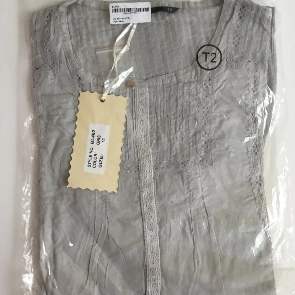 NWT Grey 100% Cotton Lace Trim Blouse 3/4 Sleeve Pin-tuck Shirt  Romantic  6-8 - Picture 2 of 16